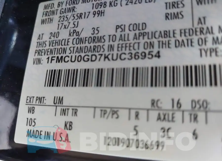 1FMCU0GD7KUC36954 Photo# 9