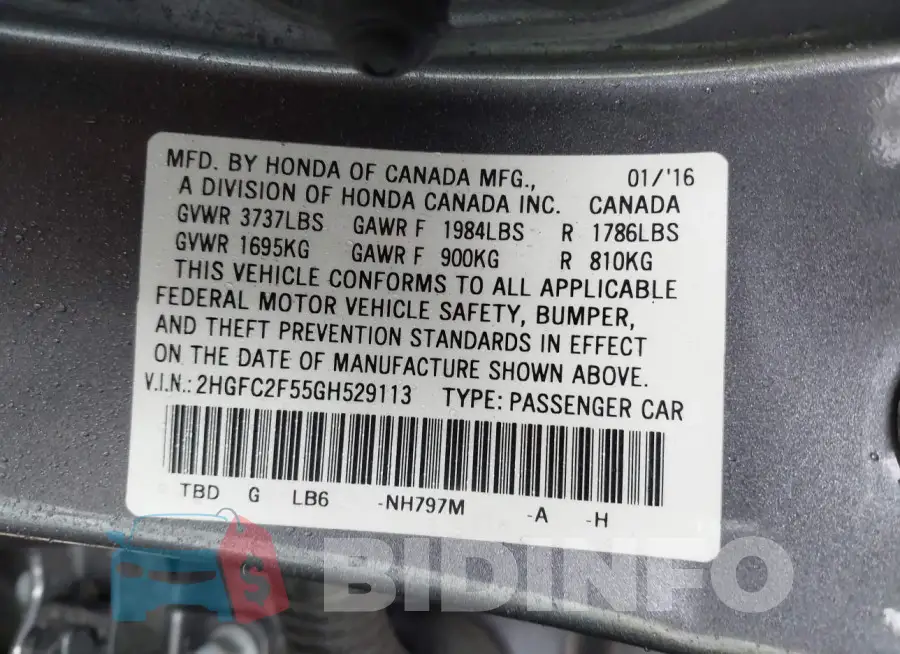2HGFC2F55GH529113 Photo# 9