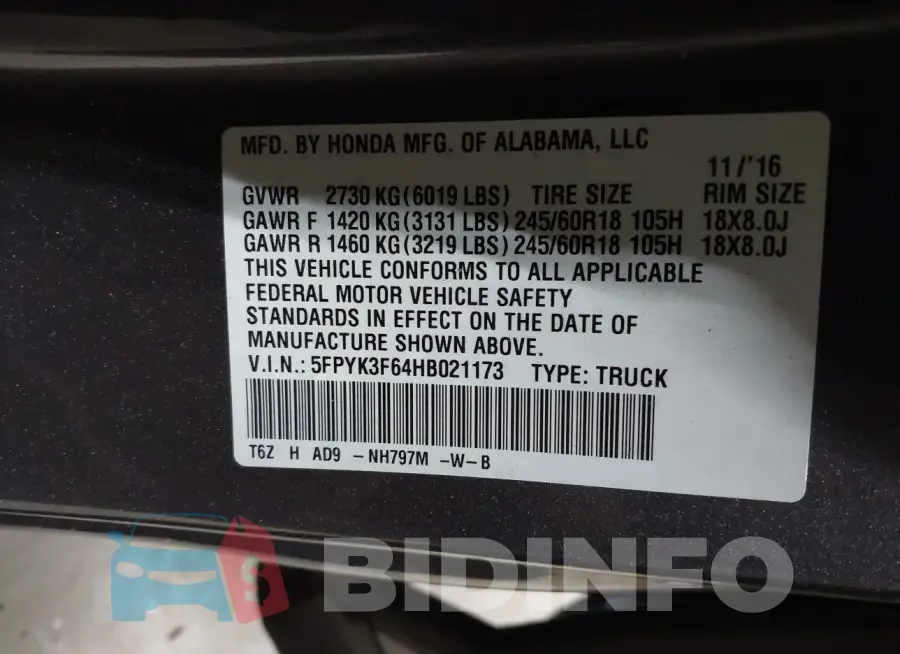 5FPYK3F64HB021173 Photo# 9