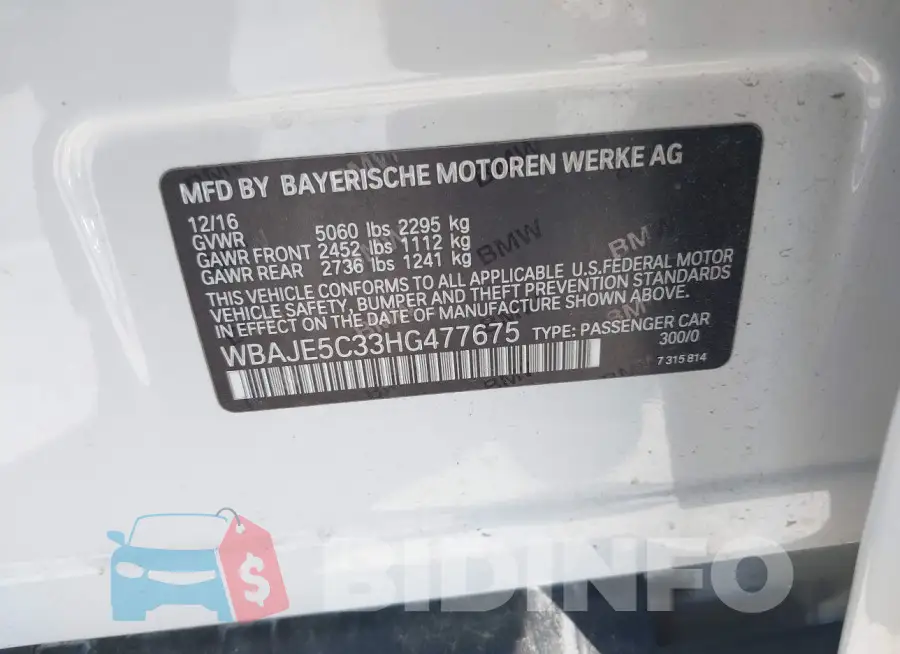 WBAJE5C33HG477675 Photo# 9
