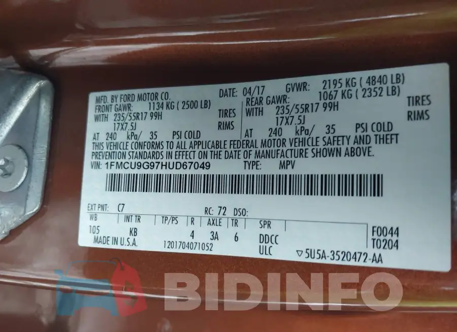 1FMCU9G97HUD67049 Photo# 9