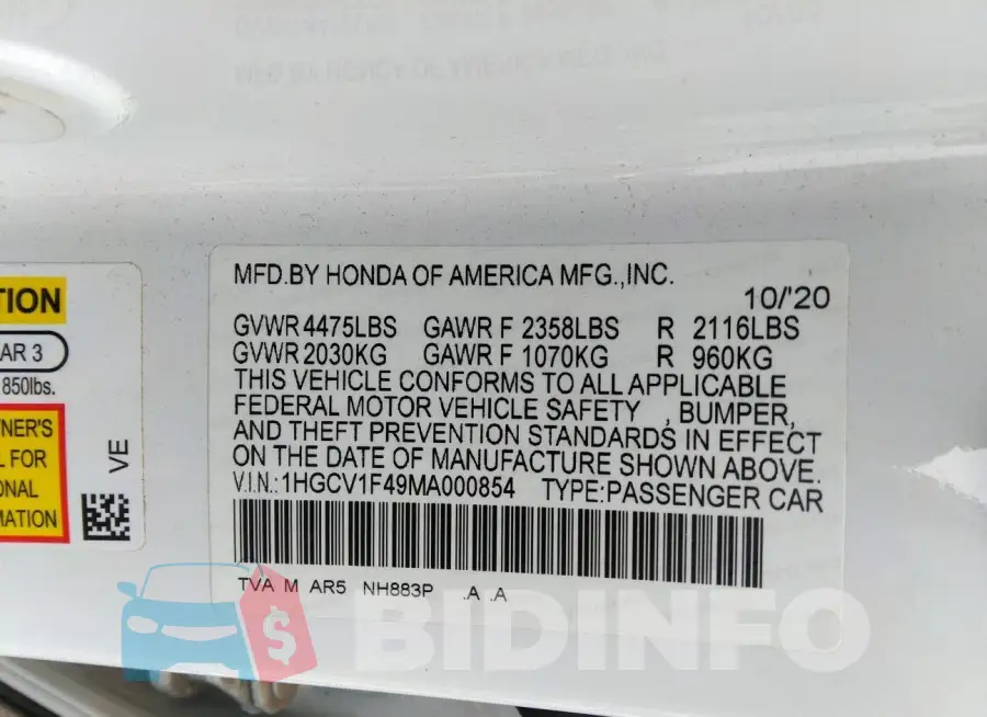 1HGCV1F49MA000854 Photo# 9