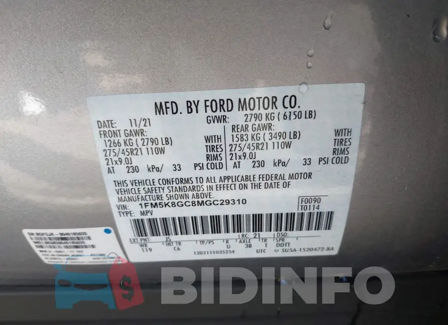 1FM5K8GC8MGC29310 Photo# 9