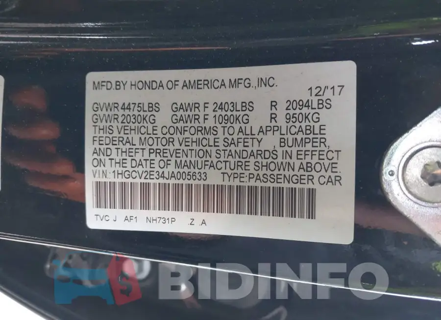 1HGCV2E34JA005633 Photo# 9