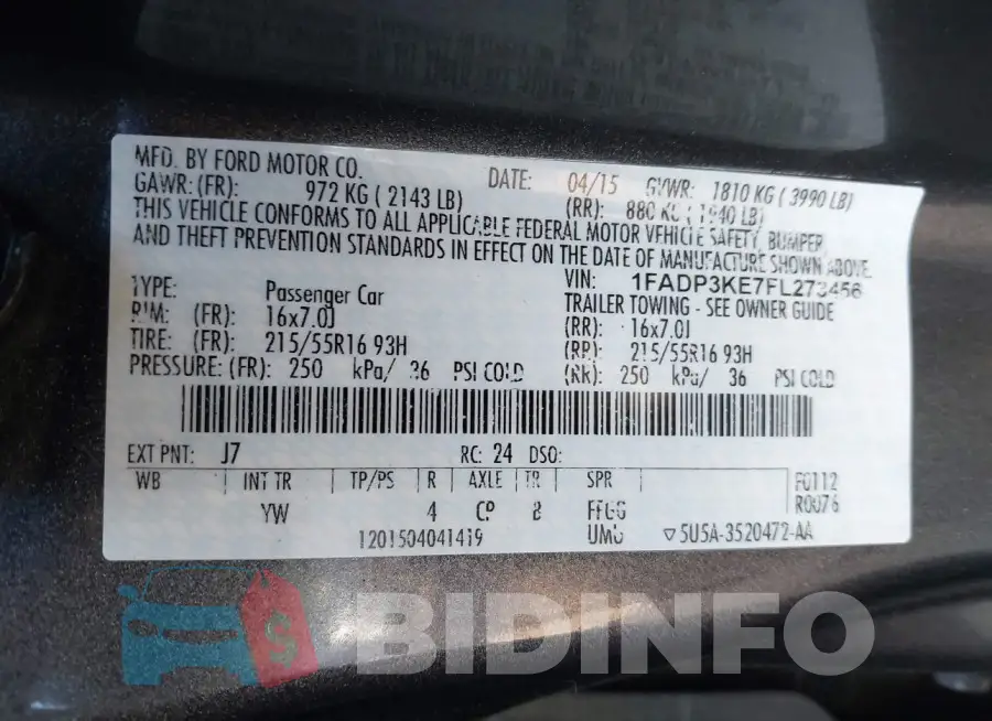 1FADP3KE7FL273456 Photo# 9