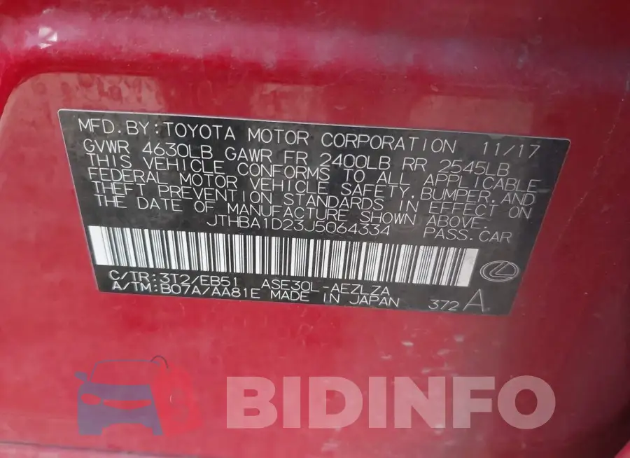JTHBA1D23J5064334 Photo# 9