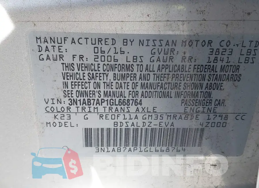 3N1AB7AP1GL668764 Photo# 9