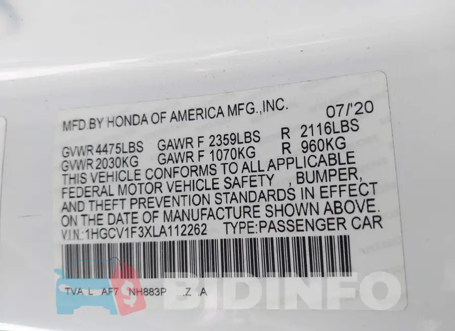 1HGCV1F3XLA112262 Photo# 9