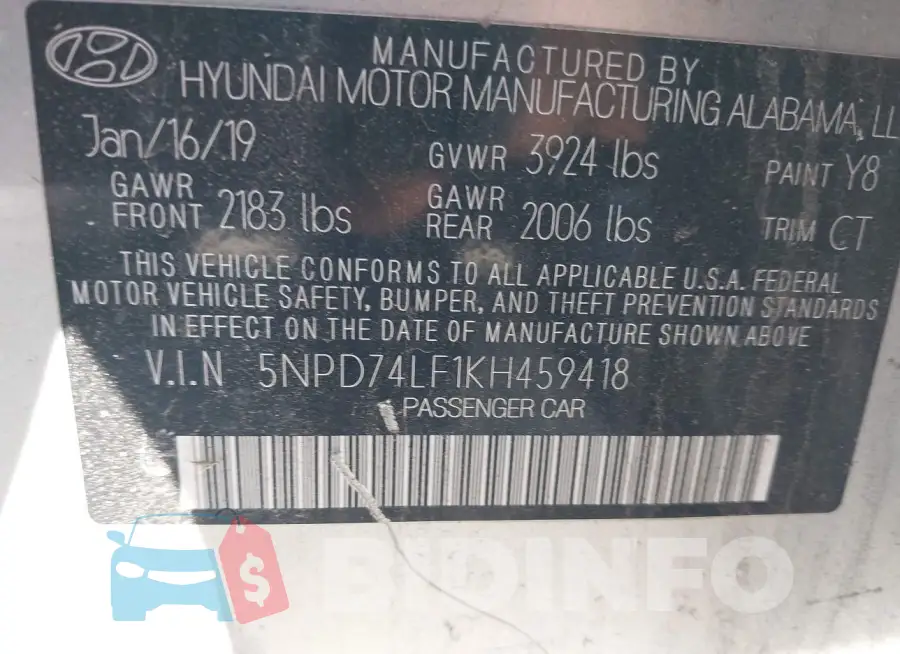 5NPD74LF1KH459418 Photo# 9