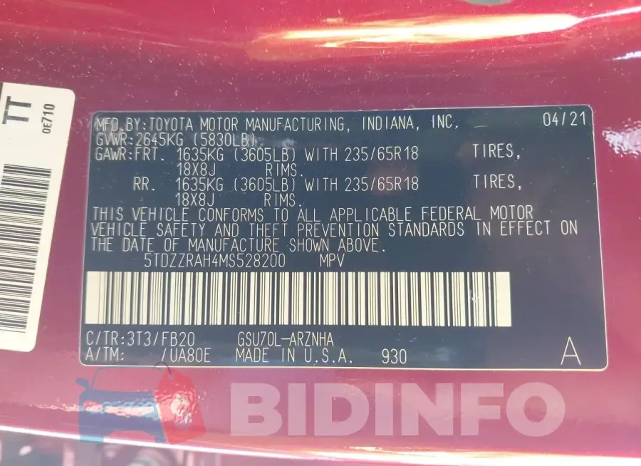5TDZZRAH4MS528200 Photo# 9