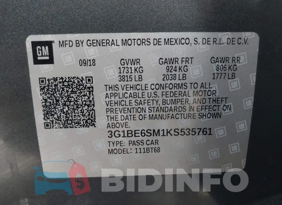 3G1BE6SM1KS535761 Photo# 7