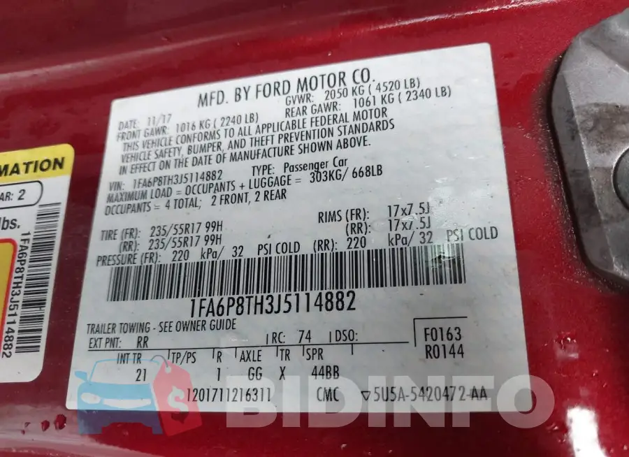 1FA6P8TH3J5114882 Photo# 9