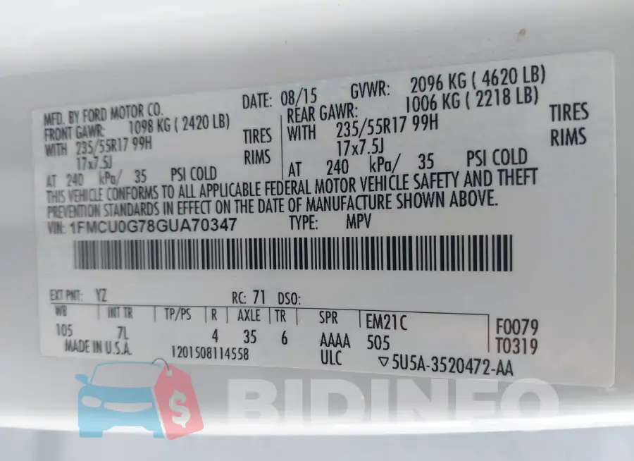 1FMCU0G78GUA70347 Photo# 9