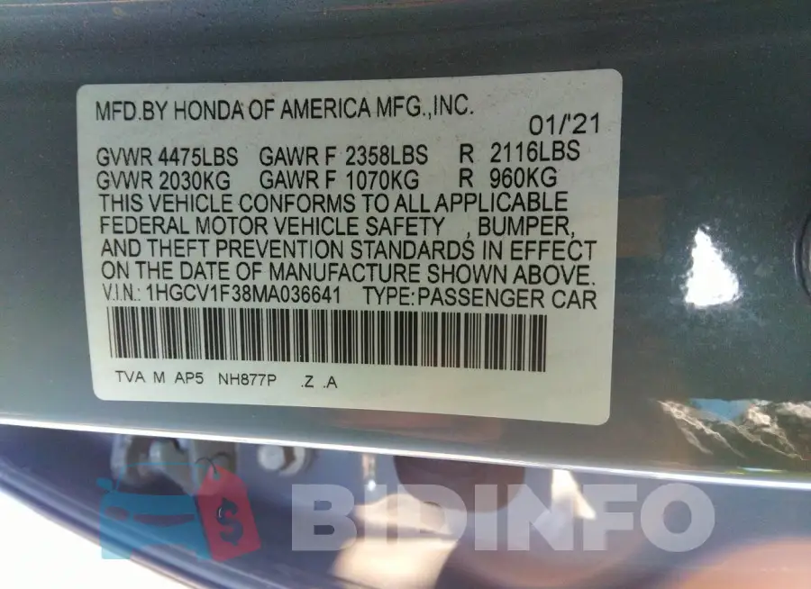 1HGCV1F38MA036641 Photo# 9