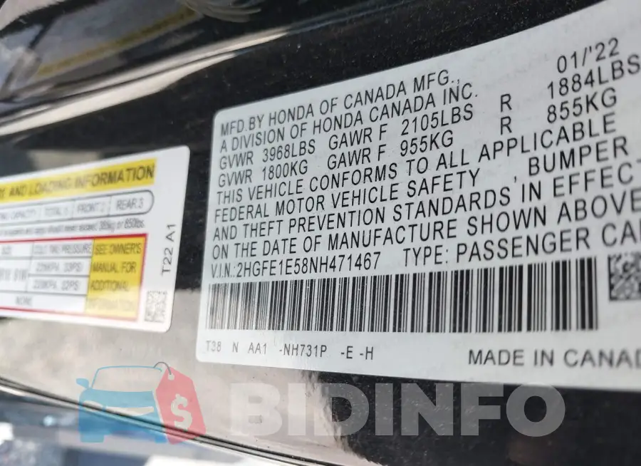 2HGFE1E58NH471467 Photo# 9