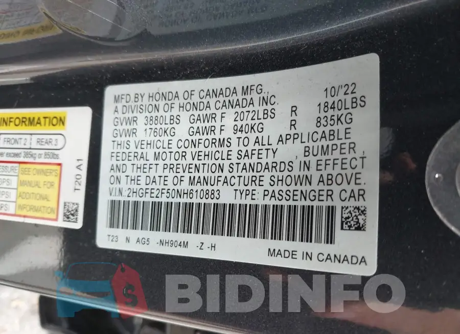 2HGFE2F50NH610883 Photo# 9