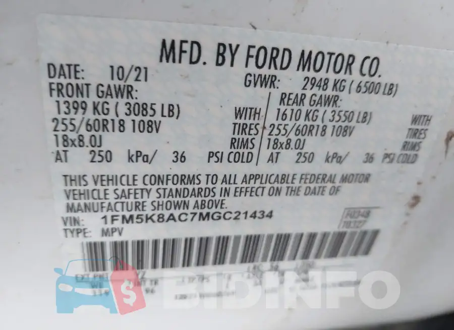 1FM5K8AC7MGC21434 Photo# 9