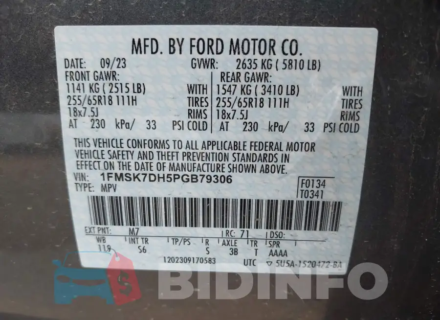1FMSK7DH5PGB79306 Photo# 9