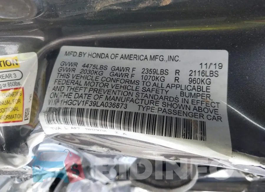 1HGCV1F39LA036873 Photo# 9