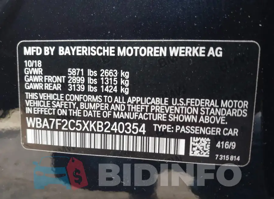 WBA7F2C5XKB240354 Photo# 9