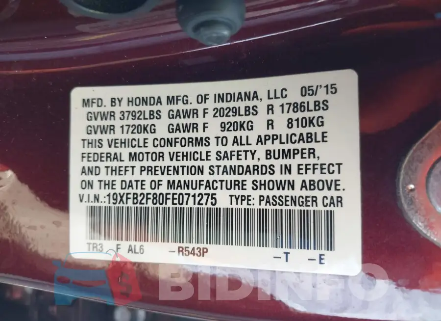 19XFB2F80FE071275 Photo# 9