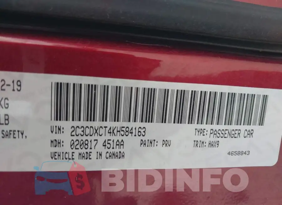 2C3CDXCT4KH584163 Photo# 9