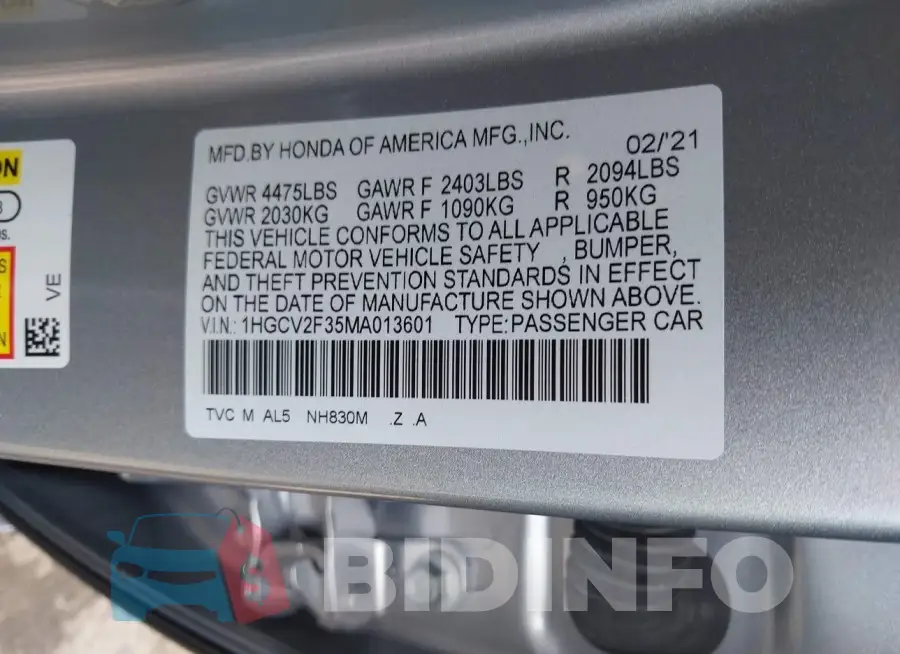 1HGCV2F35MA013601 Photo# 9