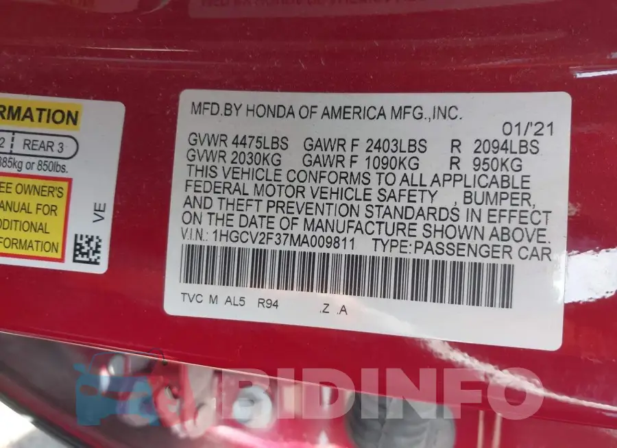 1HGCV2F37MA009811 Photo# 9