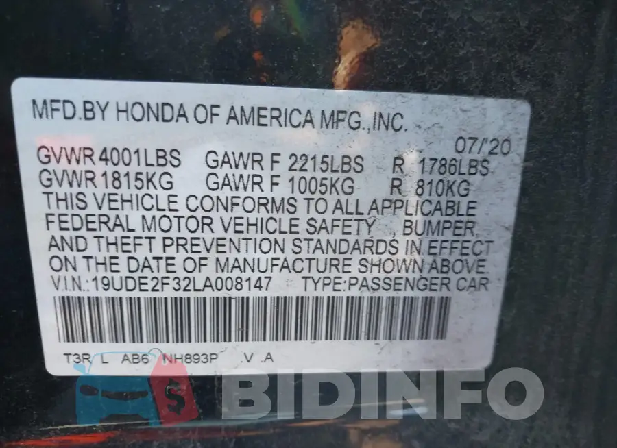 19UDE2F32LA008147 Photo# 9