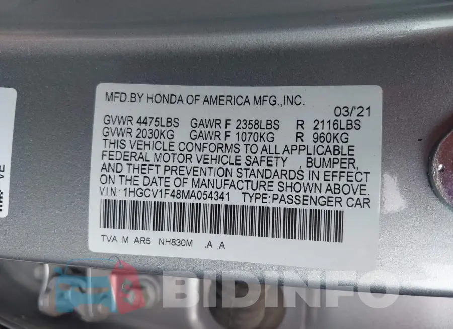 1HGCV1F48MA054341 Photo# 9