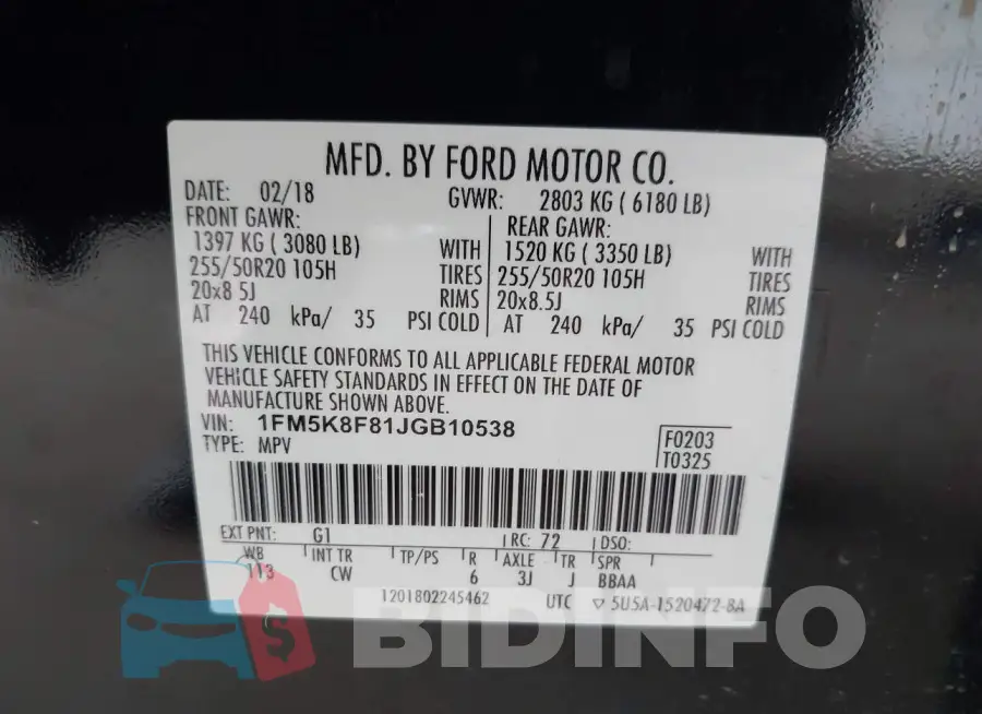 1FM5K8F81JGB10538 Photo# 9