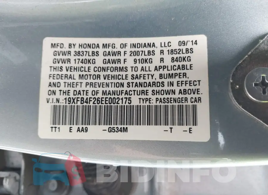 19XFB4F26EE002175 Photo# 9