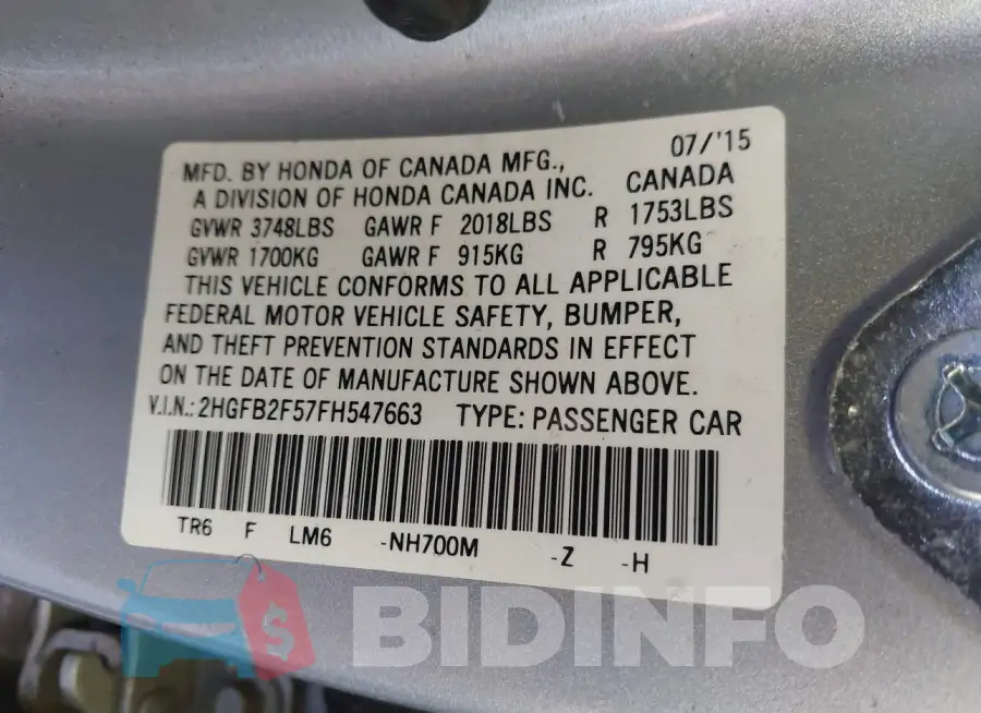 2HGFB2F57FH547663 Photo# 9