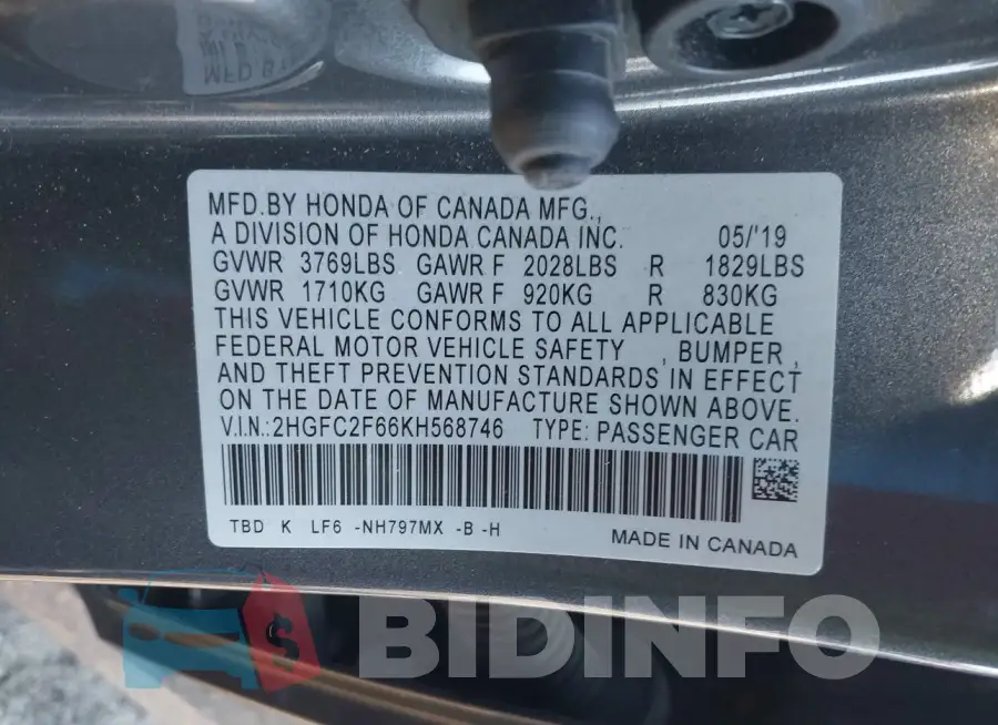 2HGFC2F66KH568746 Photo# 9