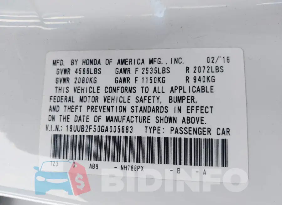 19UUB2F50GA005683 Photo# 9