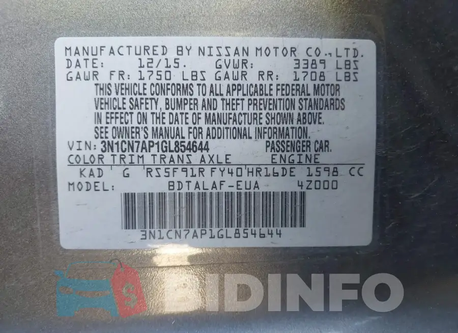 3N1CN7AP1GL854644 Photo# 9