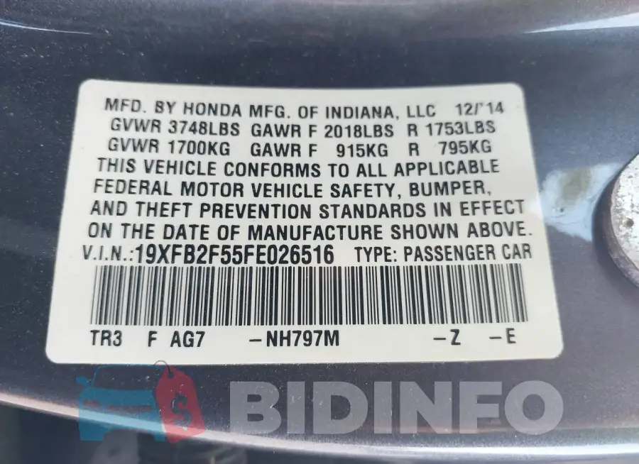 19XFB2F55FE026516 Photo# 9