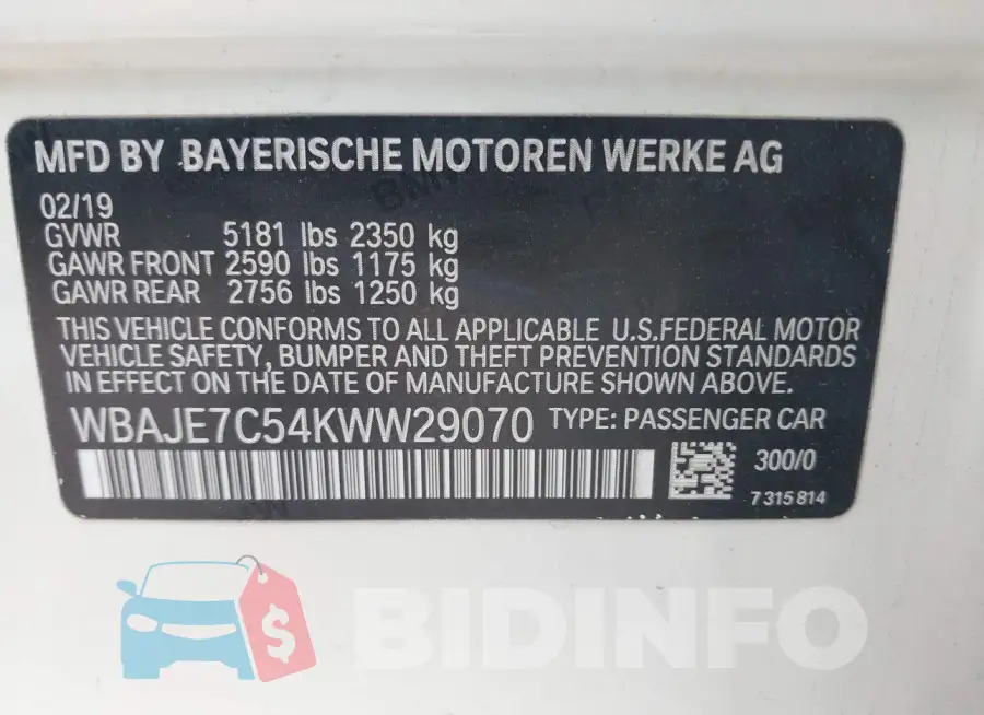 WBAJE7C54KWW29070 Photo# 9