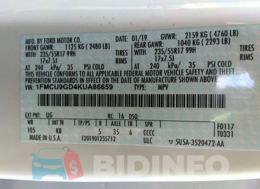 1FMCU9GD4KUA86659 Photo# 9