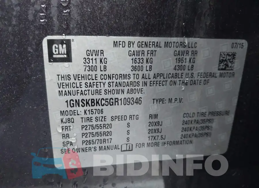 1GNSKBKC5GR109346 Photo# 9