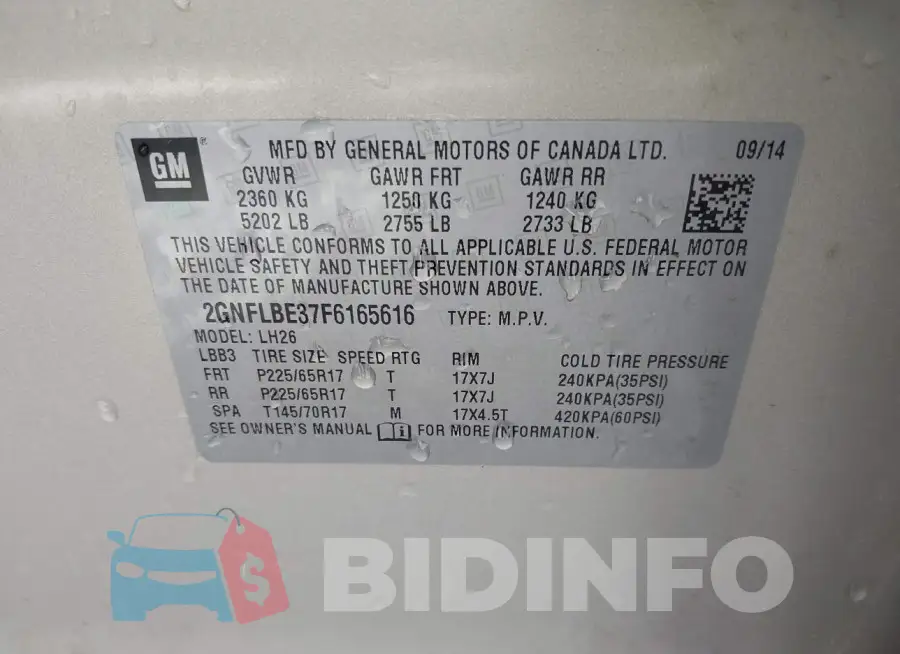 2GNFLBE37F6165616 Photo# 9