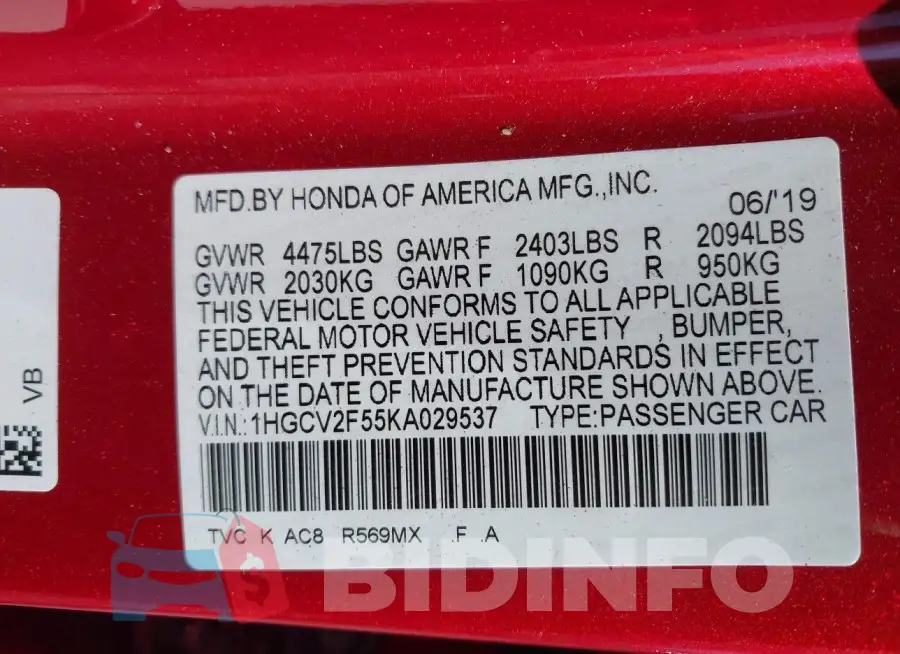 1HGCV2F55KA029537 Photo# 9