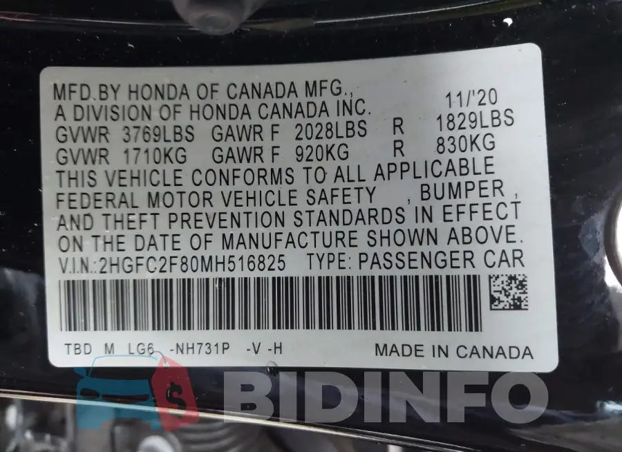 2HGFC2F80MH516825 Photo# 9