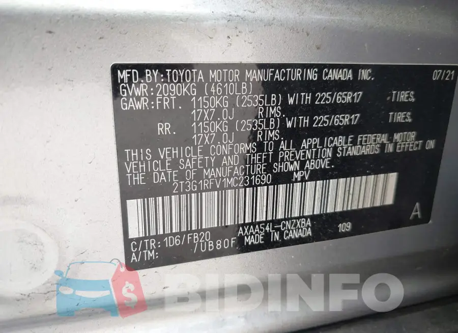 2T3G1RFV1MC231690 Photo# 9
