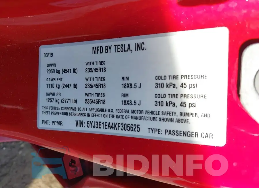 5YJ3E1EA4KF305625 Photo# 9