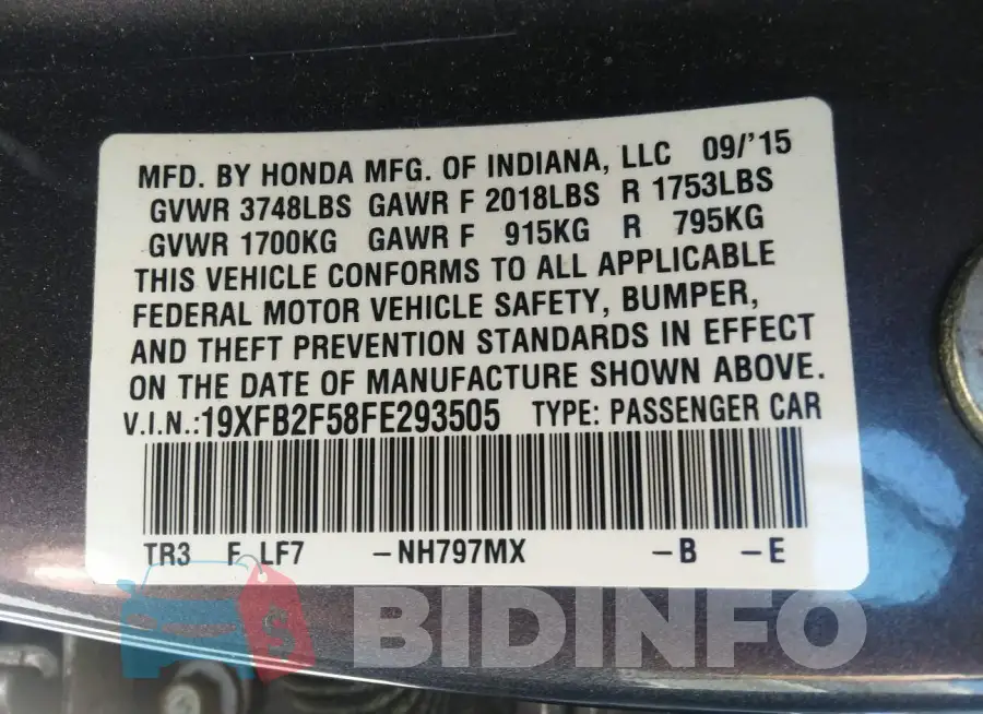 19XFB2F58FE293505 Photo# 9