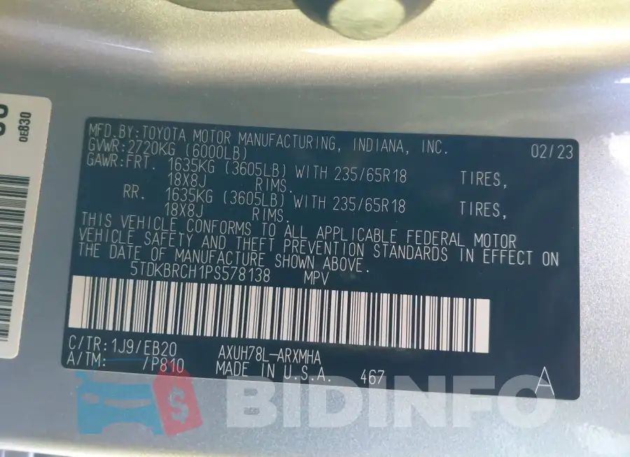 5TDKBRCH1PS578138 Photo# 9
