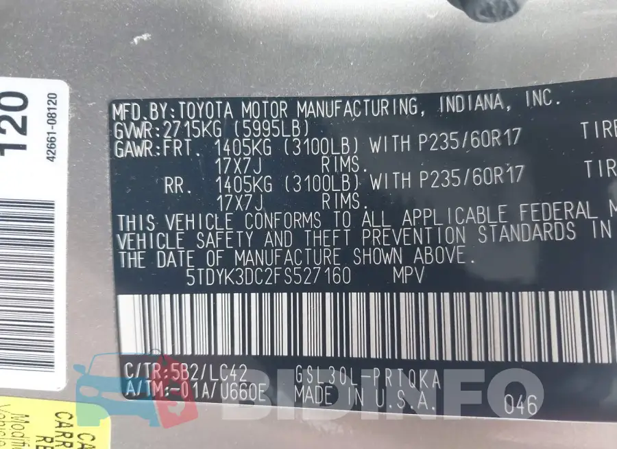 5TDYK3DC2FS527160 Photo# 9