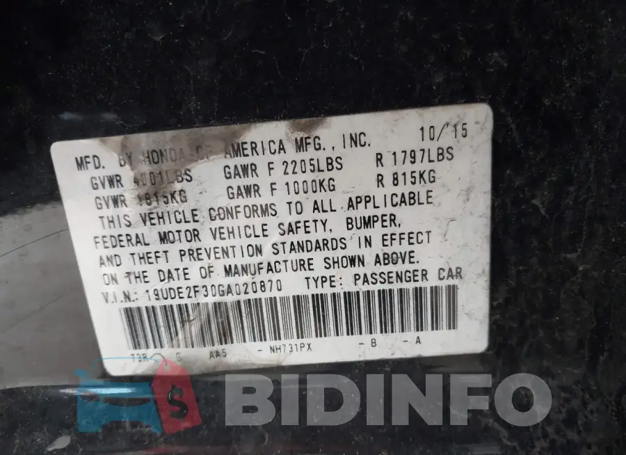 19UDE2F30GA020870 Photo# 9