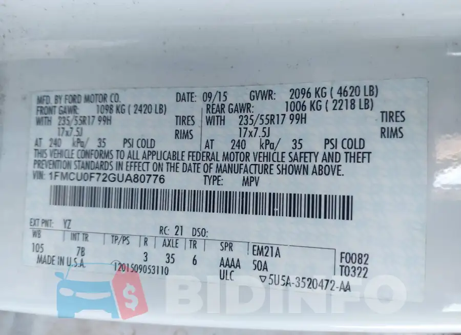 1FMCU0F72GUA80776 Photo# 9